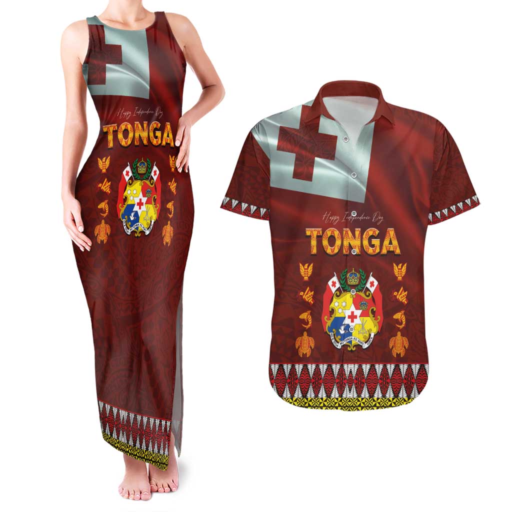 Tonga Independence Day Couples Matching Tank Maxi Dress and Hawaiian Shirt National Flag and Emblem with Ngatu Art Pattern