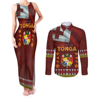 Tonga Independence Day Couples Matching Tank Maxi Dress and Long Sleeve Button Shirt National Flag and Emblem with Ngatu Art Pattern