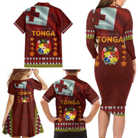 Tonga Independence Day Family Matching Long Sleeve Bodycon Dress and Hawaiian Shirt National Flag and Emblem with Ngatu Art Pattern