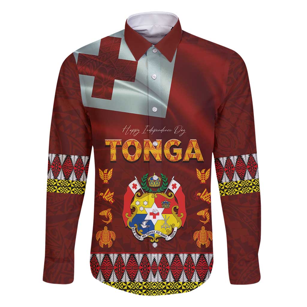 Tonga Independence Day Family Matching Long Sleeve Bodycon Dress and Hawaiian Shirt National Flag and Emblem with Ngatu Art Pattern