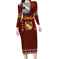 Tonga Independence Day Family Matching Long Sleeve Bodycon Dress and Hawaiian Shirt National Flag and Emblem with Ngatu Art Pattern