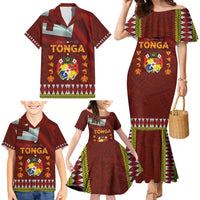 Tonga Independence Day Family Matching Mermaid Dress and Hawaiian Shirt National Flag and Emblem with Ngatu Art Pattern