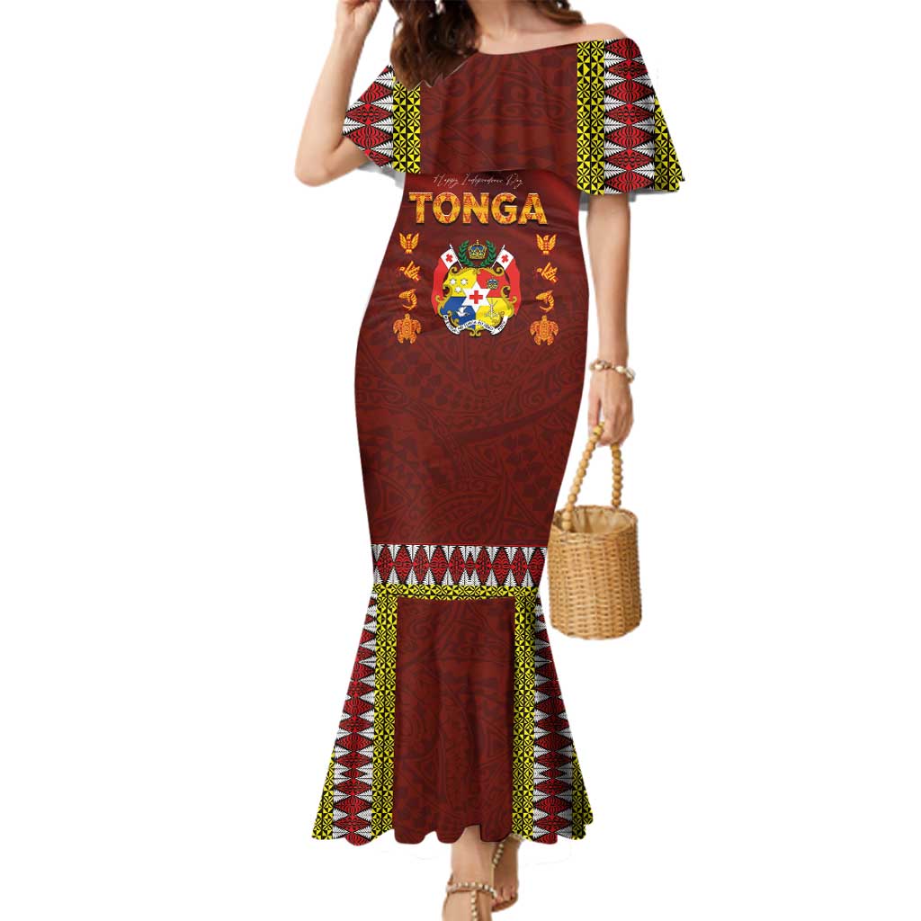Tonga Independence Day Family Matching Mermaid Dress and Hawaiian Shirt National Flag and Emblem with Ngatu Art Pattern