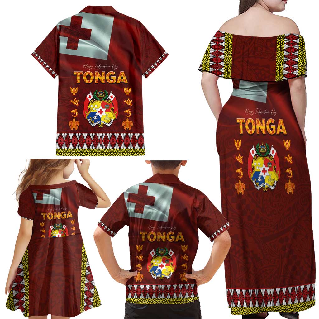 Tonga Independence Day Family Matching Off Shoulder Maxi Dress and Hawaiian Shirt National Flag and Emblem with Ngatu Art Pattern
