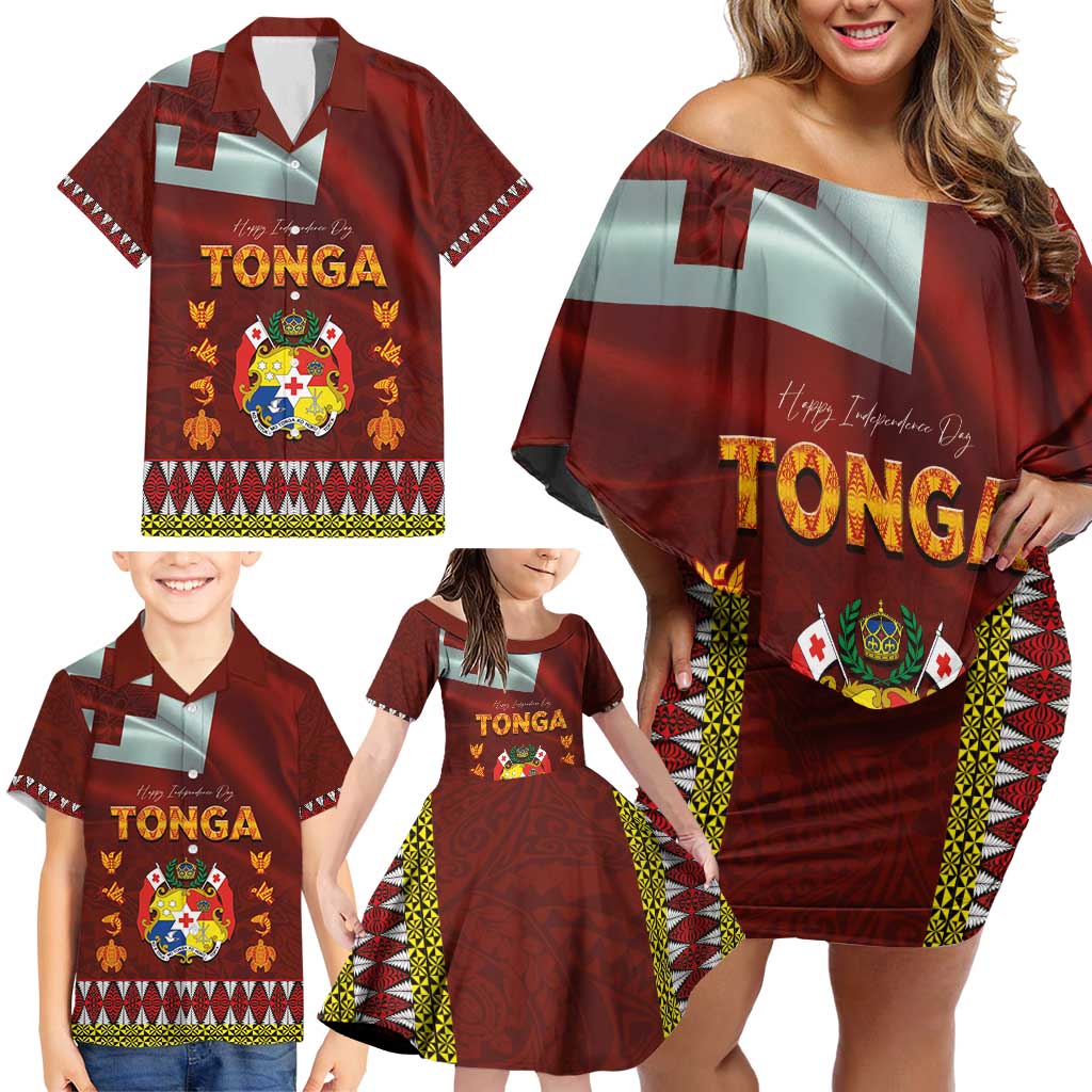 Tonga Independence Day Family Matching Off Shoulder Short Dress and Hawaiian Shirt National Flag and Emblem with Ngatu Art Pattern