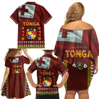 Tonga Independence Day Family Matching Off Shoulder Short Dress and Hawaiian Shirt National Flag and Emblem with Ngatu Art Pattern