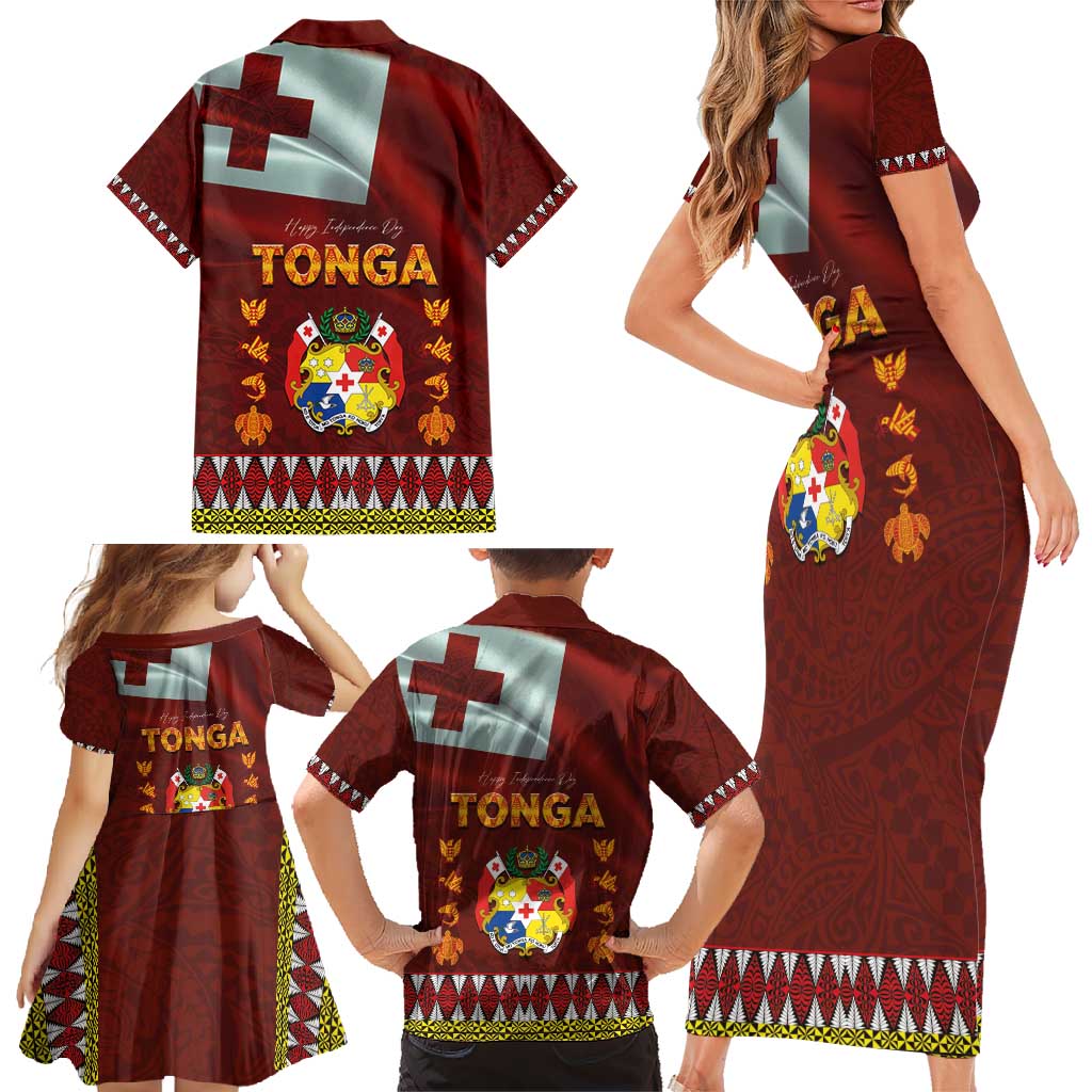 Tonga Independence Day Family Matching Short Sleeve Bodycon Dress and Hawaiian Shirt National Flag and Emblem with Ngatu Art Pattern