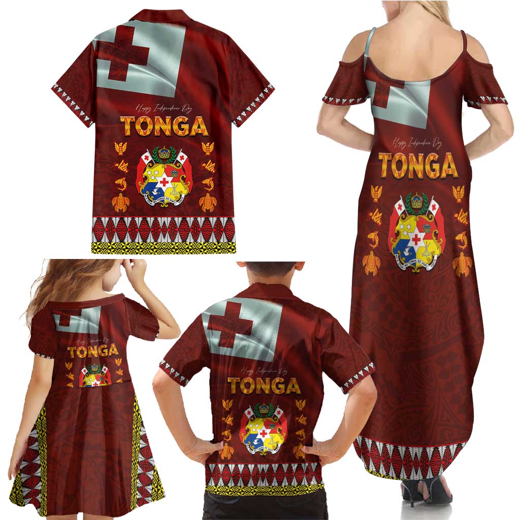 Tonga Independence Day Family Matching Summer Maxi Dress and Hawaiian Shirt National Flag and Emblem with Ngatu Art Pattern
