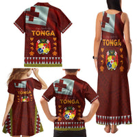 Tonga Independence Day Family Matching Tank Maxi Dress and Hawaiian Shirt National Flag and Emblem with Ngatu Art Pattern