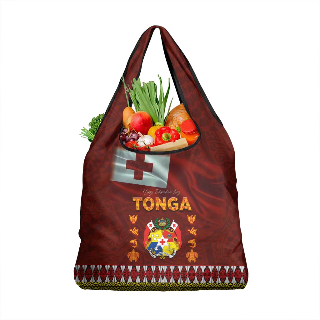 Tonga Independence Day Grocery Bag National Flag and Emblem with Ngatu Art Pattern