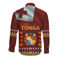 Tonga Independence Day Long Sleeve Button Shirt National Flag and Emblem with Ngatu Art Pattern