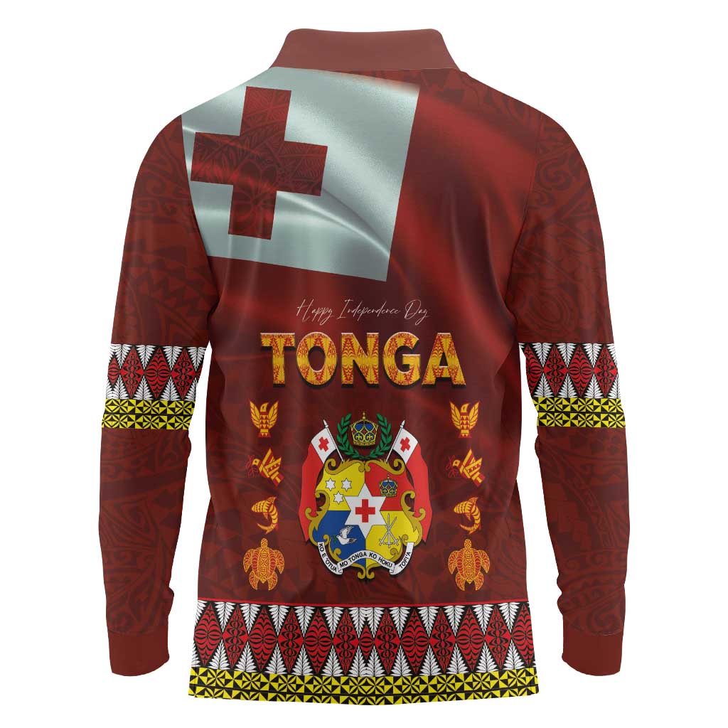 Tonga Independence Day Long Sleeve Polo Shirt National Flag and Emblem with Ngatu Art Pattern