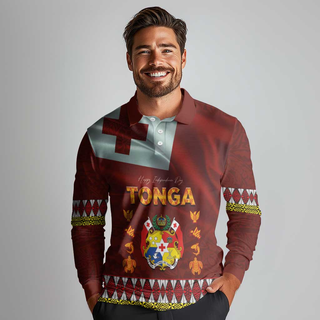 Tonga Independence Day Long Sleeve Polo Shirt National Flag and Emblem with Ngatu Art Pattern