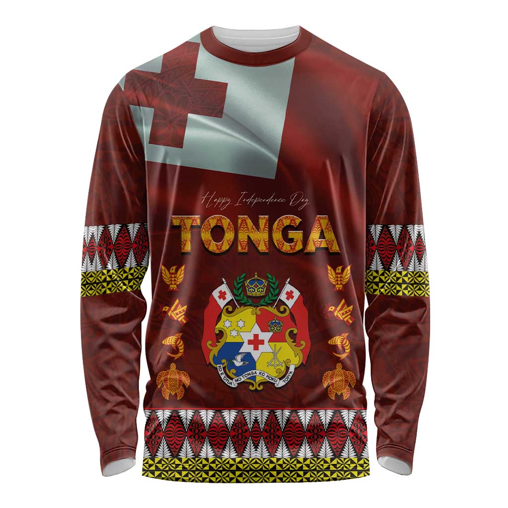 Tonga Independence Day Long Sleeve Shirt National Flag and Emblem with Ngatu Art Pattern
