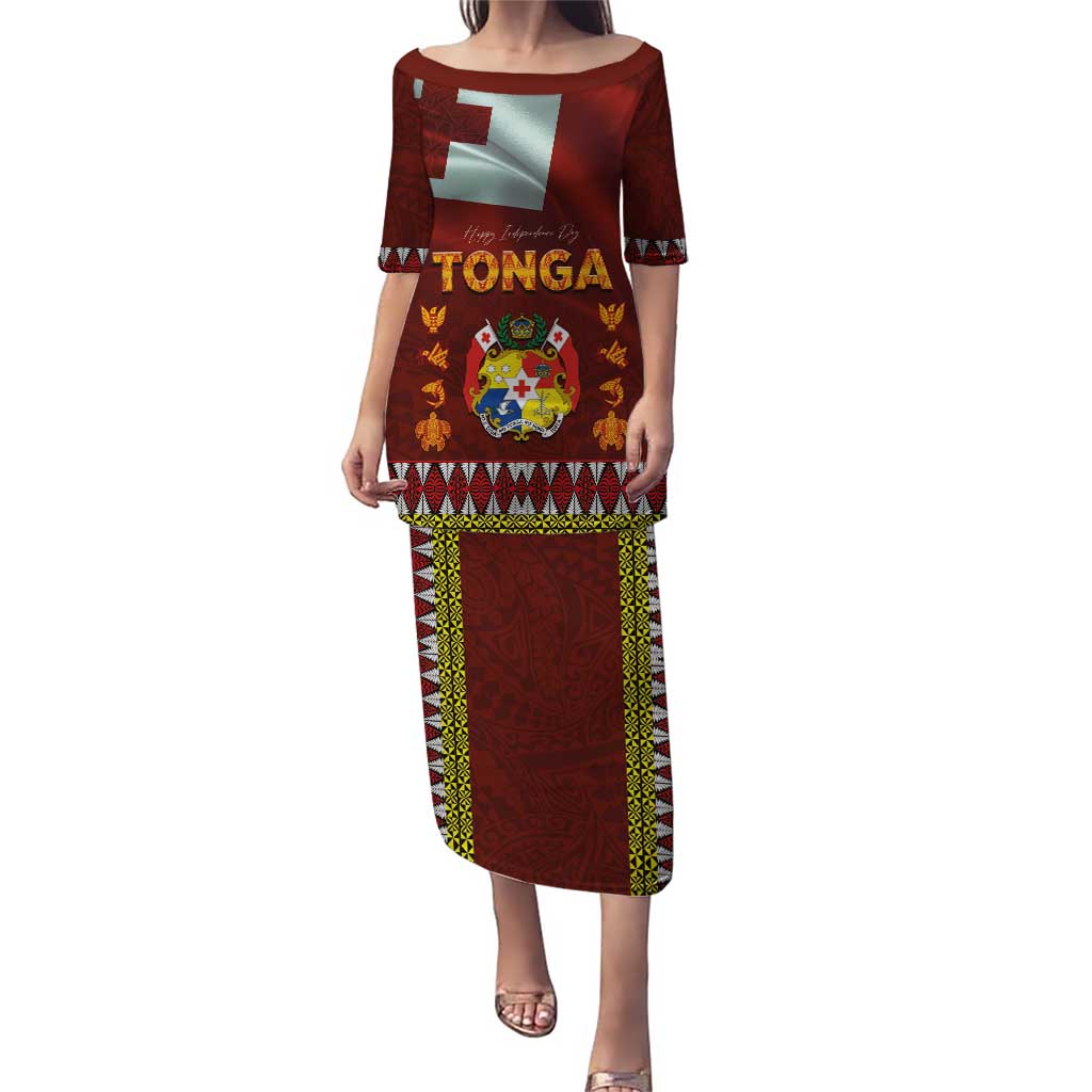 Tonga Independence Day Puletasi National Flag and Emblem with Ngatu Art Pattern