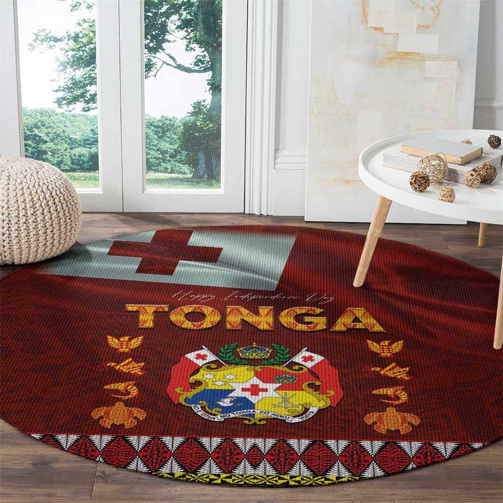 Tonga Independence Day Round Carpet National Flag and Emblem with Ngatu Art Pattern