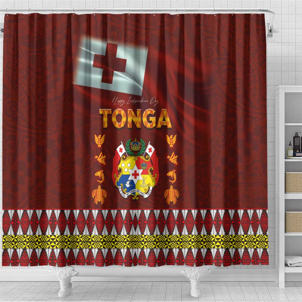 Tonga Independence Day Shower Curtain National Flag and Emblem with Ngatu Art Pattern