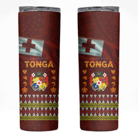 Tonga Independence Day Skinny Tumbler National Flag and Emblem with Ngatu Art Pattern