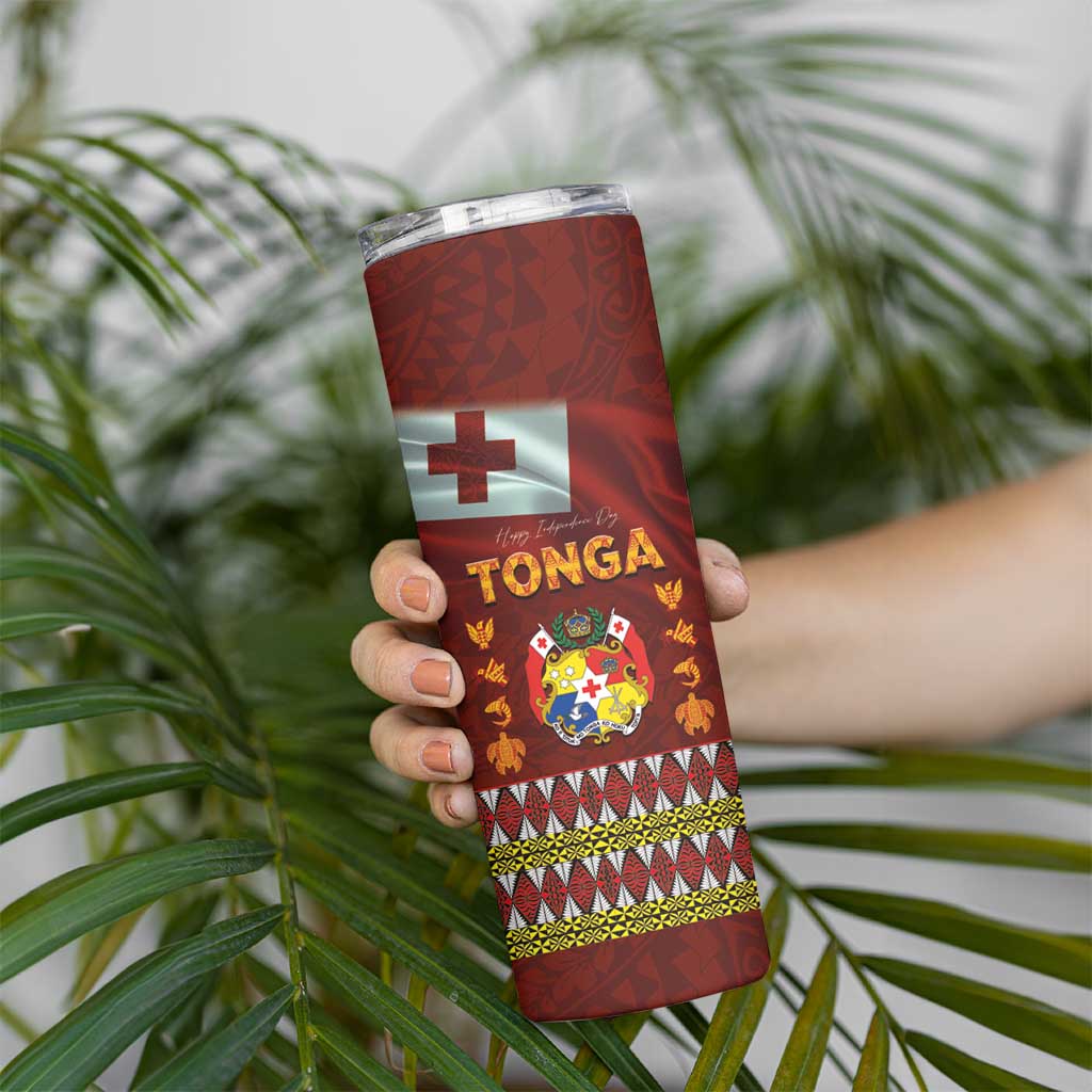 Tonga Independence Day Skinny Tumbler National Flag and Emblem with Ngatu Art Pattern