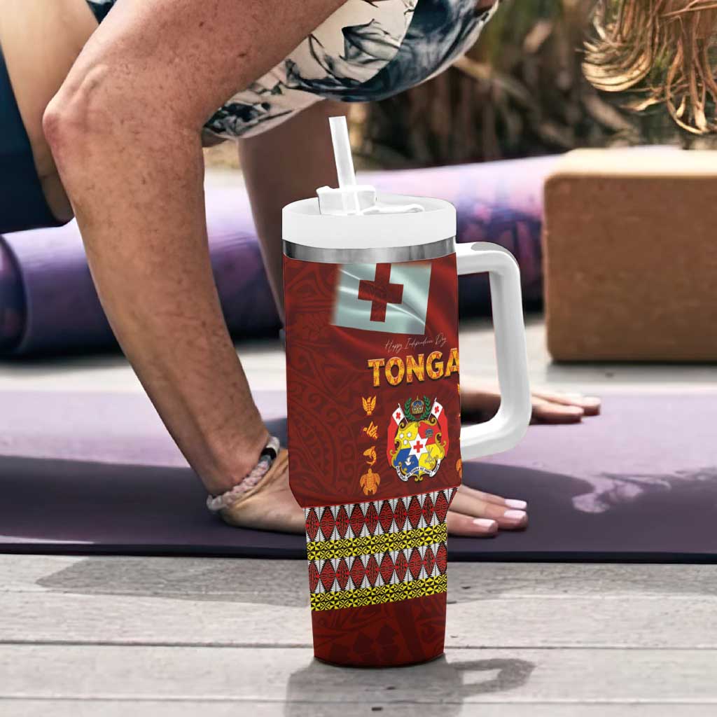 Tonga Independence Day Tumbler With Handle National Flag and Emblem with Ngatu Art Pattern