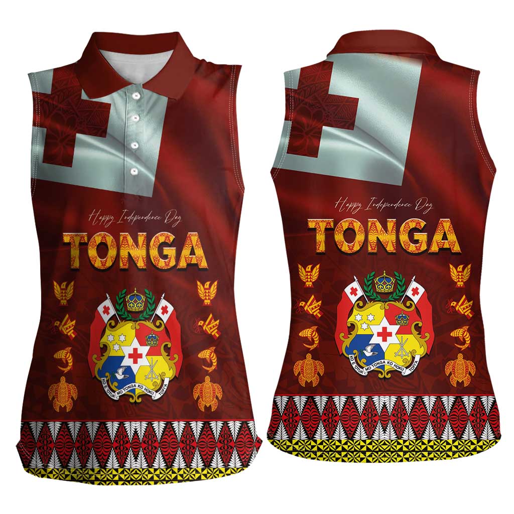Tonga Independence Day Women Sleeveless Polo Shirt National Flag and Emblem with Ngatu Art Pattern