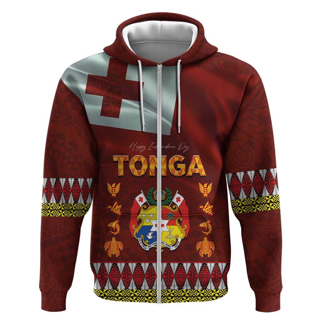 Tonga Independence Day Zip Hoodie National Flag and Emblem with Ngatu Art Pattern