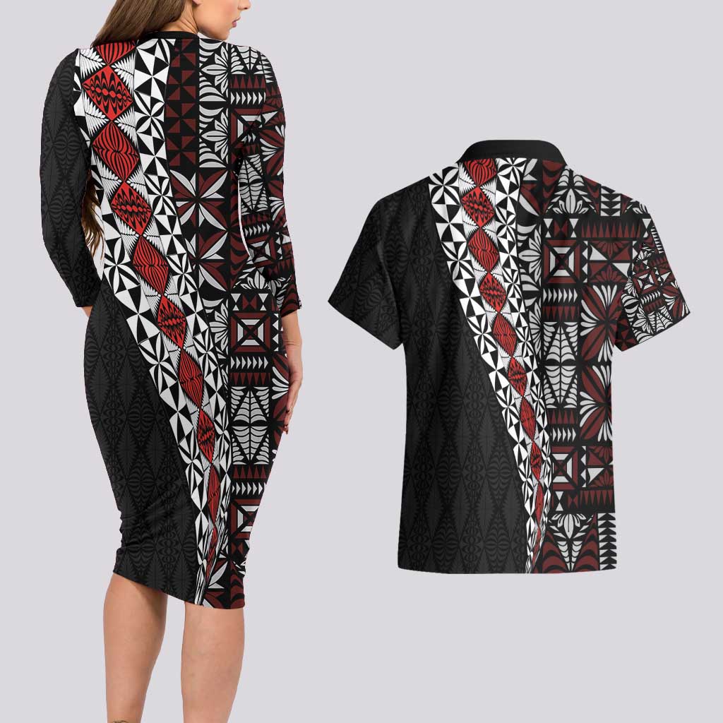 Tonga Ngatu Art Tattoo Polynesian Couples Matching Long Sleeve Bodycon Dress and Hawaiian Shirt