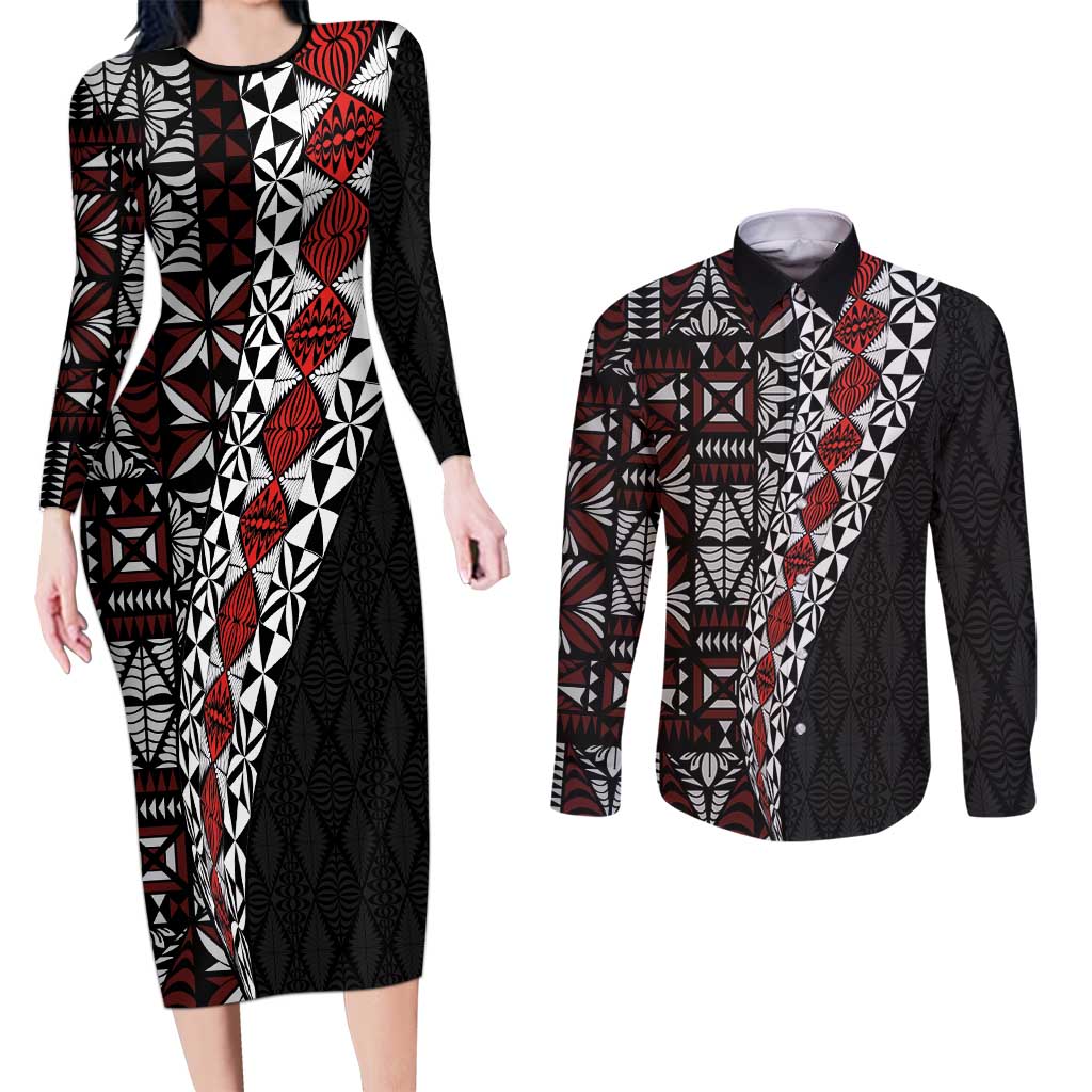 Tonga Ngatu Art Tattoo Polynesian Couples Matching Long Sleeve Bodycon Dress and Long Sleeve Button Shirt