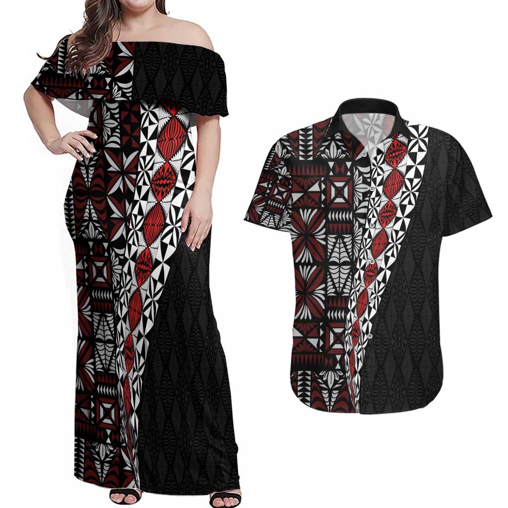Tonga Ngatu Art Tattoo Polynesian Couples Matching Off Shoulder Maxi Dress and Hawaiian Shirt