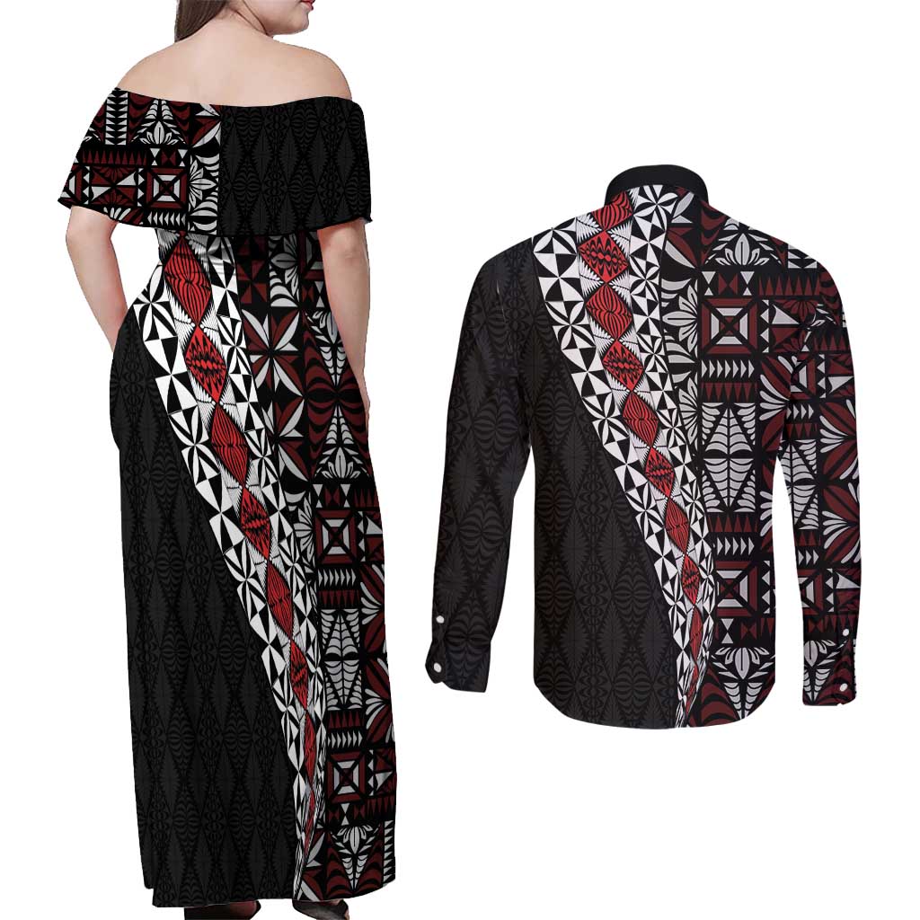 Tonga Ngatu Art Tattoo Polynesian Couples Matching Off Shoulder Maxi Dress and Long Sleeve Button Shirt
