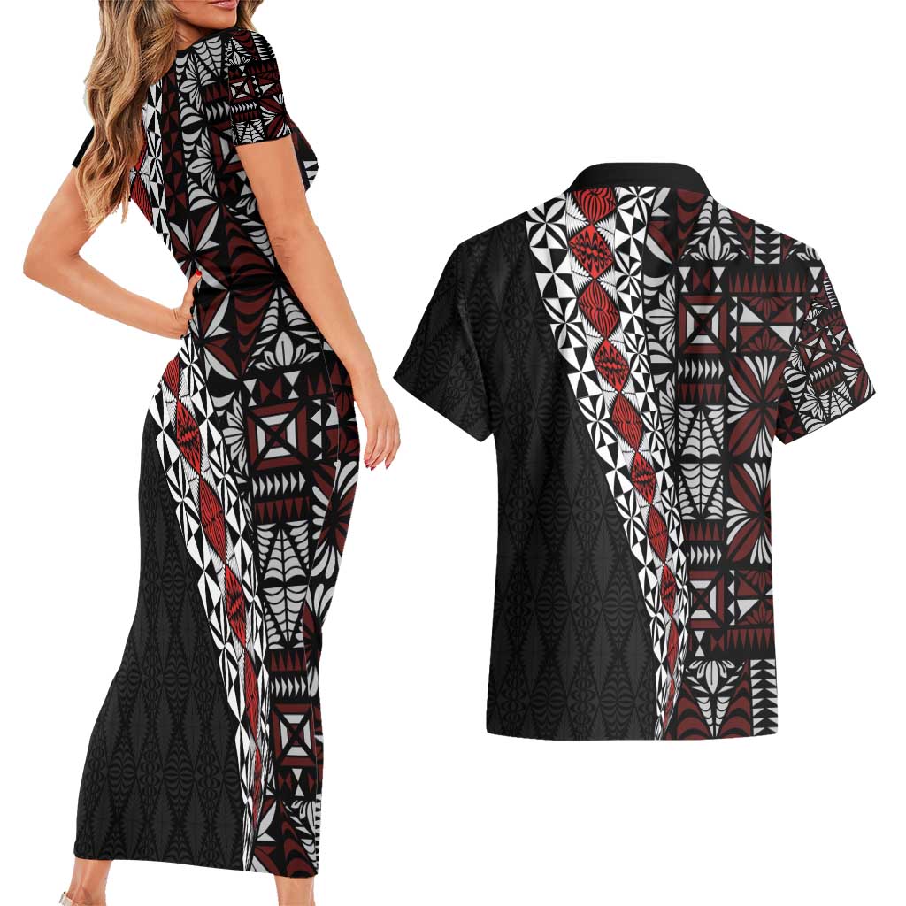 Tonga Ngatu Art Tattoo Polynesian Couples Matching Short Sleeve Bodycon Dress and Hawaiian Shirt