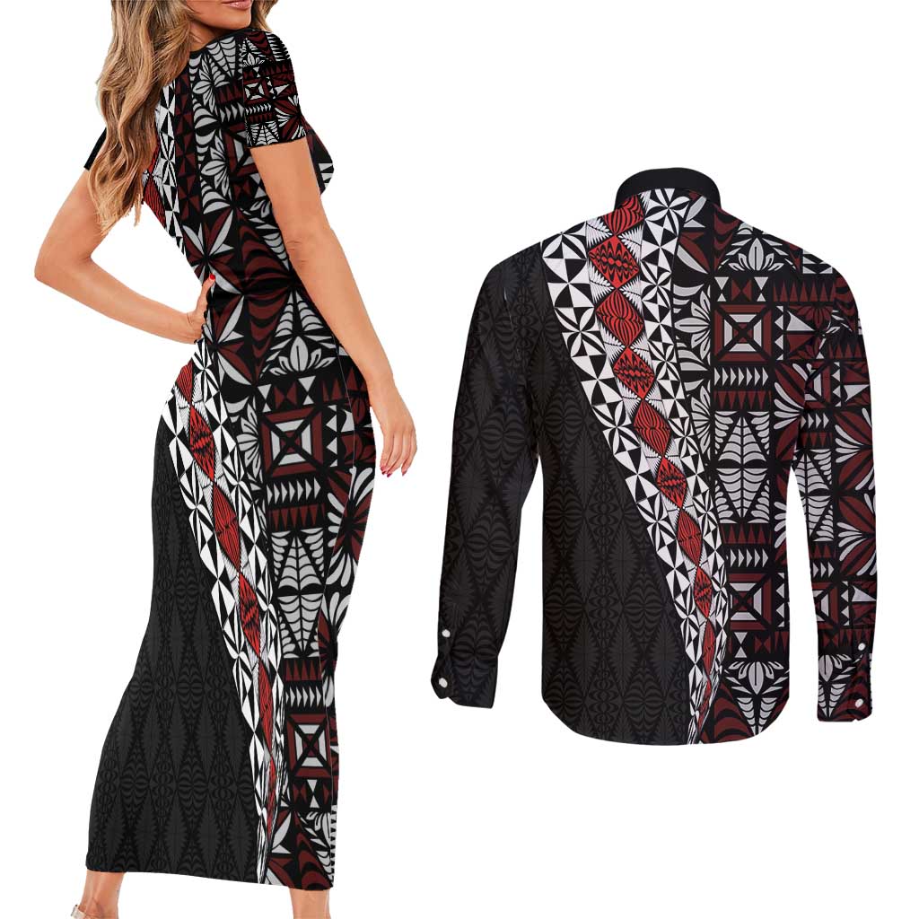 Tonga Ngatu Art Tattoo Polynesian Couples Matching Short Sleeve Bodycon Dress and Long Sleeve Button Shirt