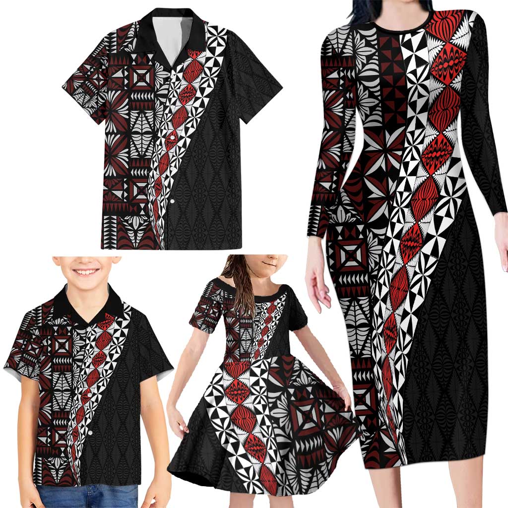 Tonga Ngatu Art Tattoo Polynesian Family Matching Long Sleeve Bodycon Dress and Hawaiian Shirt