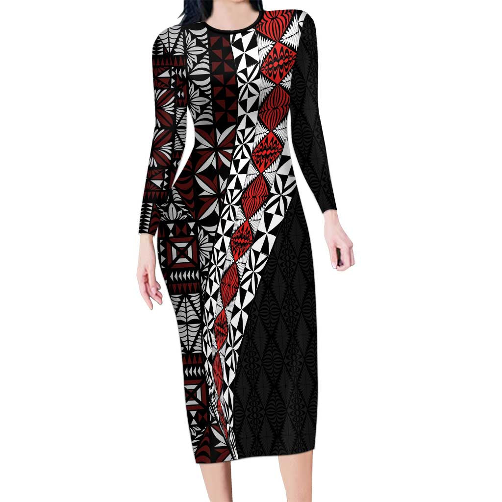 Tonga Ngatu Art Tattoo Polynesian Family Matching Long Sleeve Bodycon Dress and Hawaiian Shirt