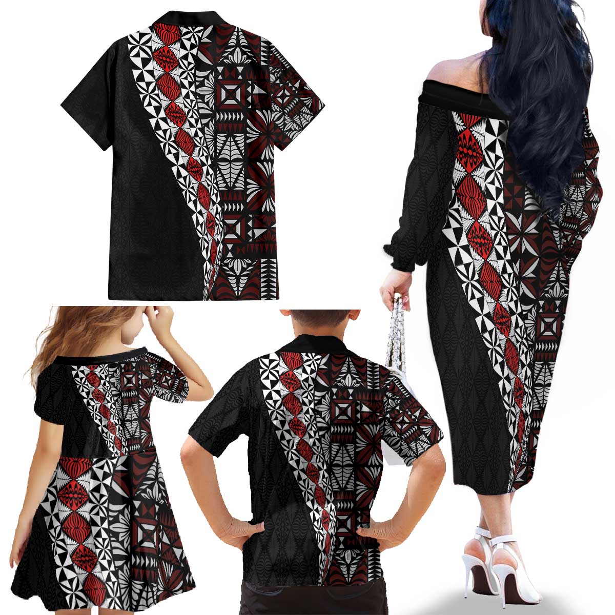 Tonga Ngatu Art Tattoo Polynesian Family Matching Off The Shoulder Long Sleeve Dress and Hawaiian Shirt