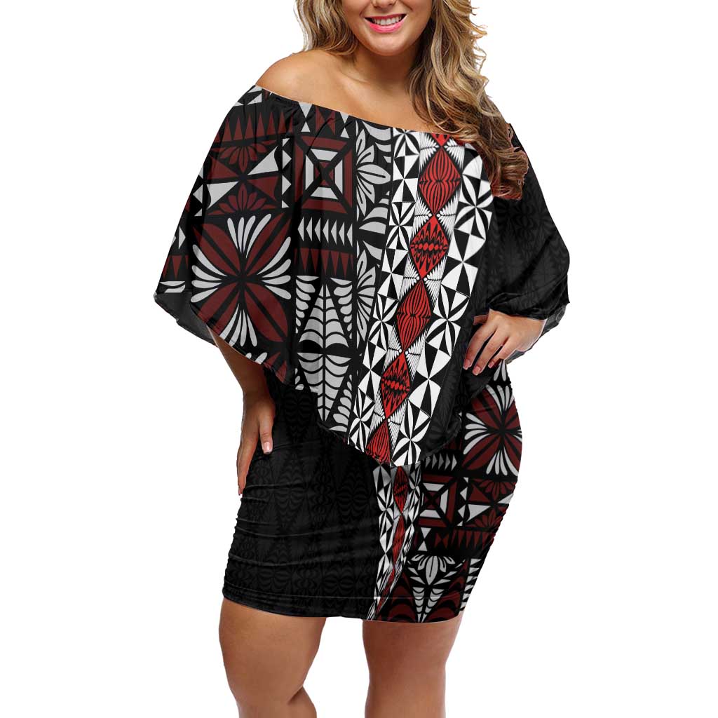 Tonga Ngatu Art Tattoo Polynesian Off Shoulder Short Dress LT03 Women Black - Polynesian Pride
