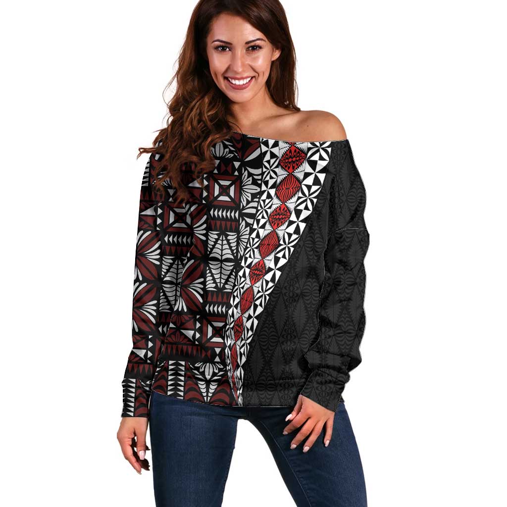 Tonga Ngatu Art Tattoo Polynesian Off Shoulder Sweater
