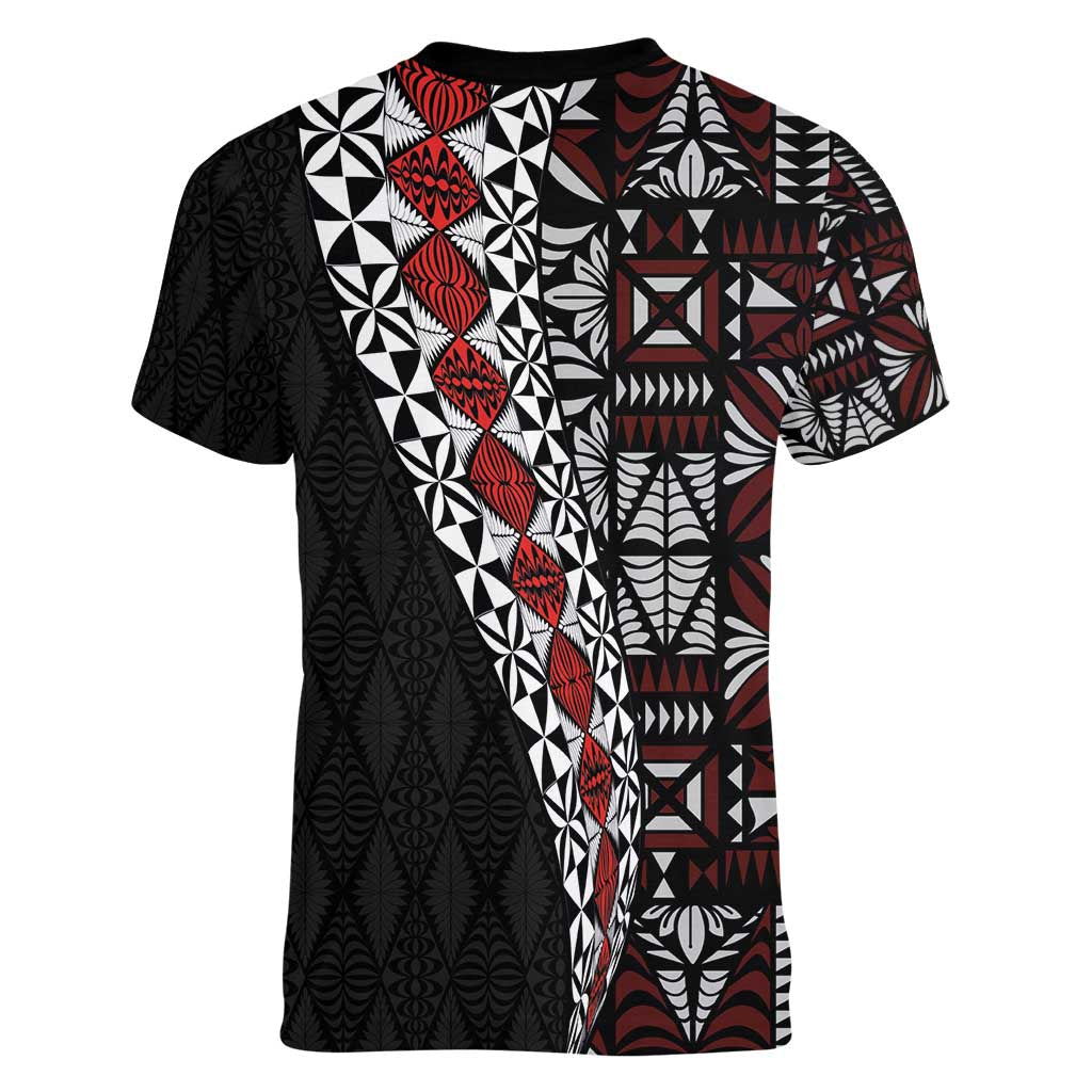 Tonga Ngatu Art Tattoo Polynesian Women V-Neck T-Shirt
