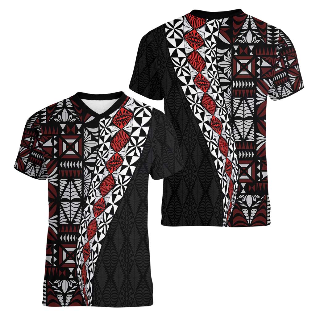 Tonga Ngatu Art Tattoo Polynesian Women V-Neck T-Shirt