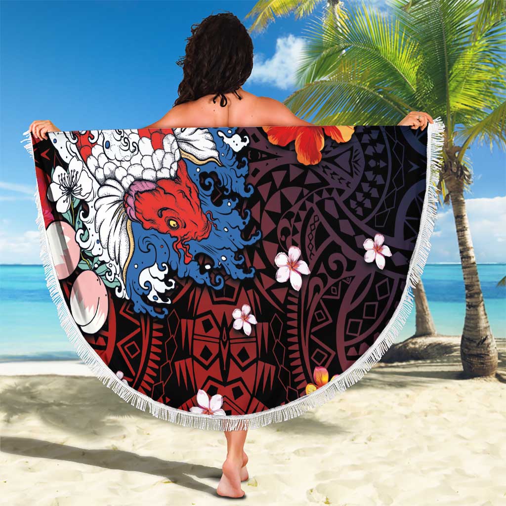 Hawaiian and Japanese Together Beach Blanket Hibiscus and Koi Fish Polynesian Pattern Colorful Style
