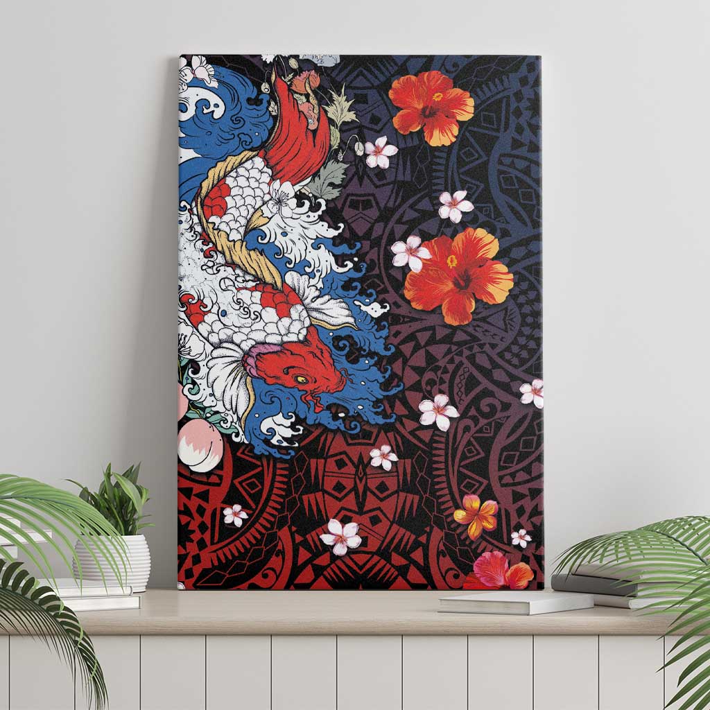 Hawaiian and Japanese Together Canvas Wall Art Hibiscus and Koi Fish Polynesian Pattern Colorful Style
