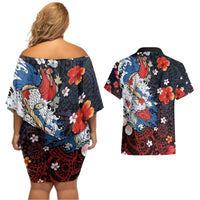 Hawaiian and Japanese Together Couples Matching Off Shoulder Short Dress and Hawaiian Shirt Hibiscus and Koi Fish Polynesian Pattern Colorful Style