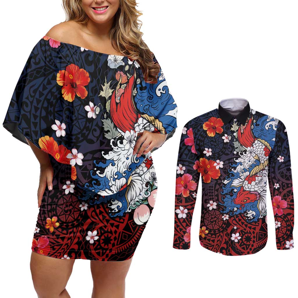 Hawaiian and Japanese Together Couples Matching Off Shoulder Short Dress and Long Sleeve Button Shirt Hibiscus and Koi Fish Polynesian Pattern Colorful Style