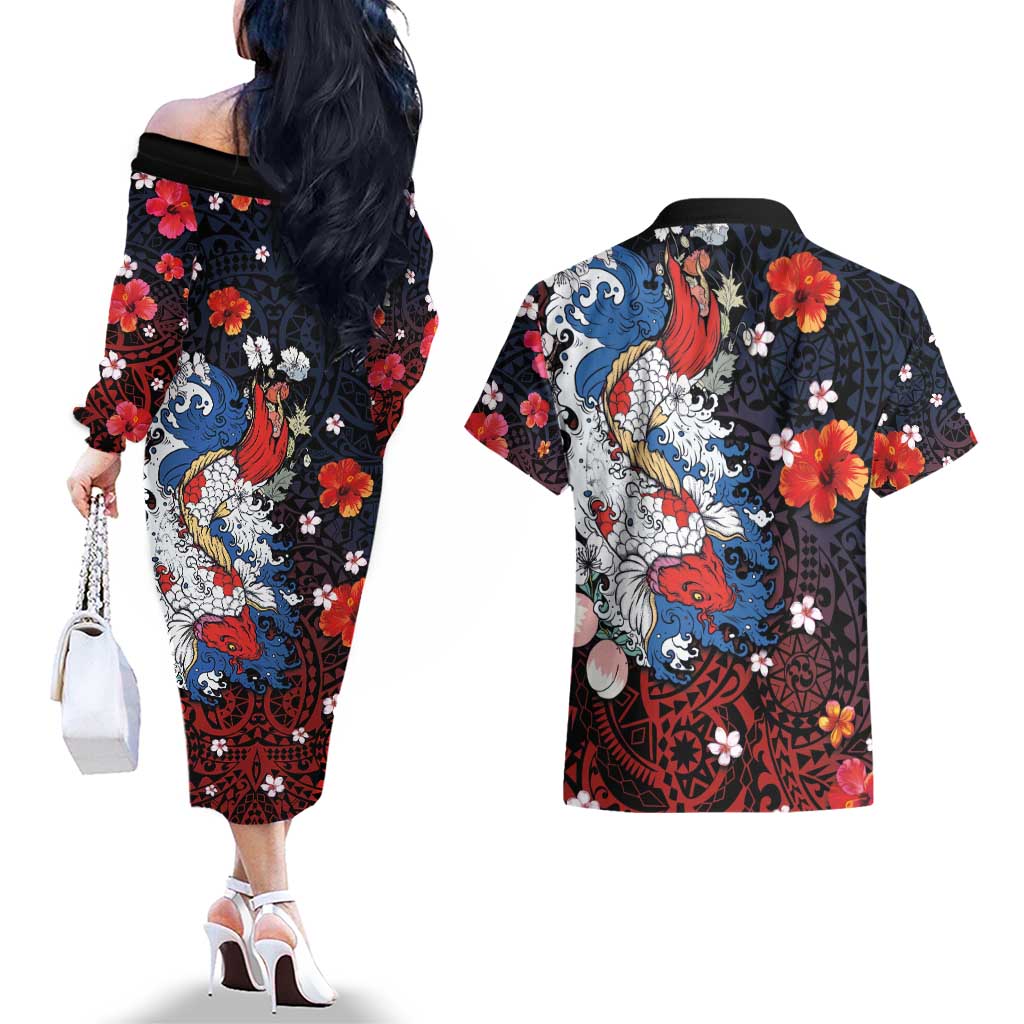 Hawaiian and Japanese Together Couples Matching Off The Shoulder Long Sleeve Dress and Hawaiian Shirt Hibiscus and Koi Fish Polynesian Pattern Colorful Style