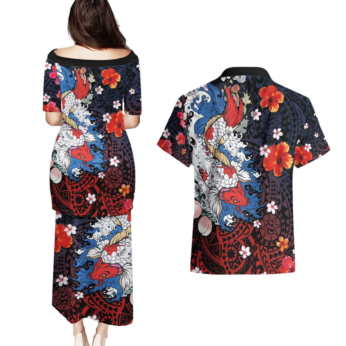 Hawaiian and Japanese Together Couples Matching Puletasi and Hawaiian Shirt Hibiscus and Koi Fish Polynesian Pattern Colorful Style