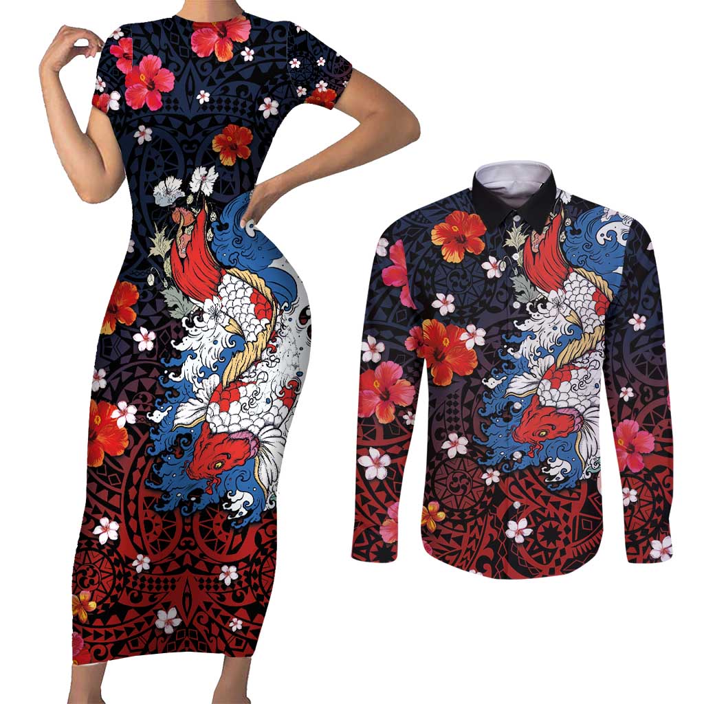 Hawaiian and Japanese Together Couples Matching Short Sleeve Bodycon Dress and Long Sleeve Button Shirt Hibiscus and Koi Fish Polynesian Pattern Colorful Style