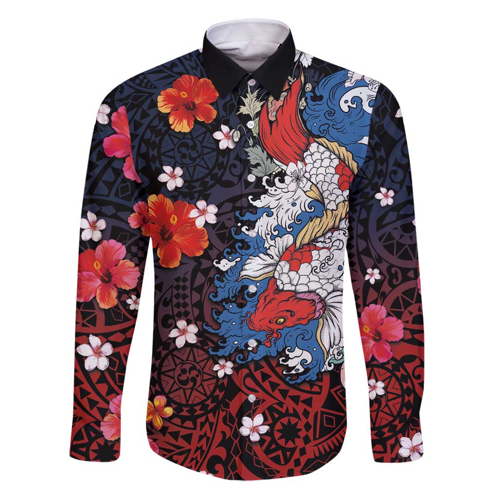 Hawaiian and Japanese Together Family Matching Long Sleeve Bodycon Dress and Hawaiian Shirt Hibiscus and Koi Fish Polynesian Pattern Colorful Style