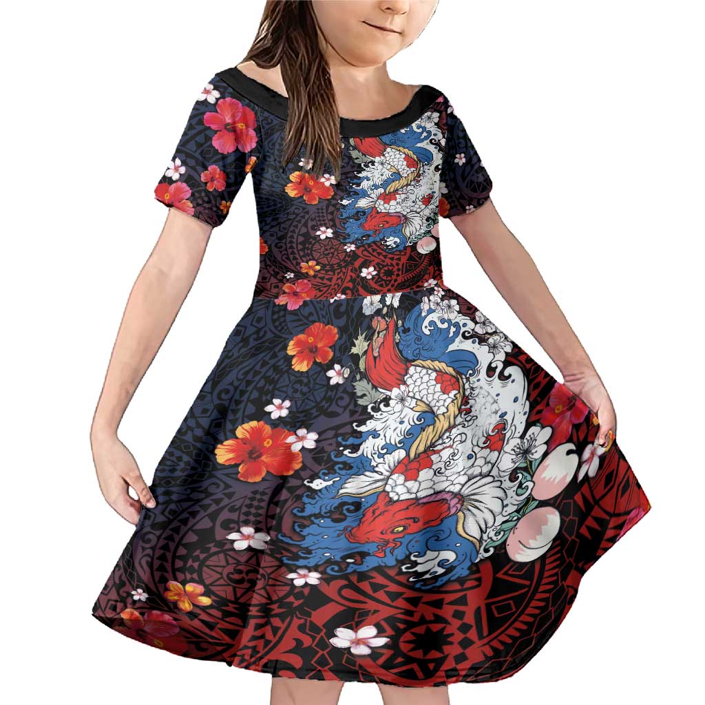 Hawaiian and Japanese Together Family Matching Mermaid Dress and Hawaiian Shirt Hibiscus and Koi Fish Polynesian Pattern Colorful Style