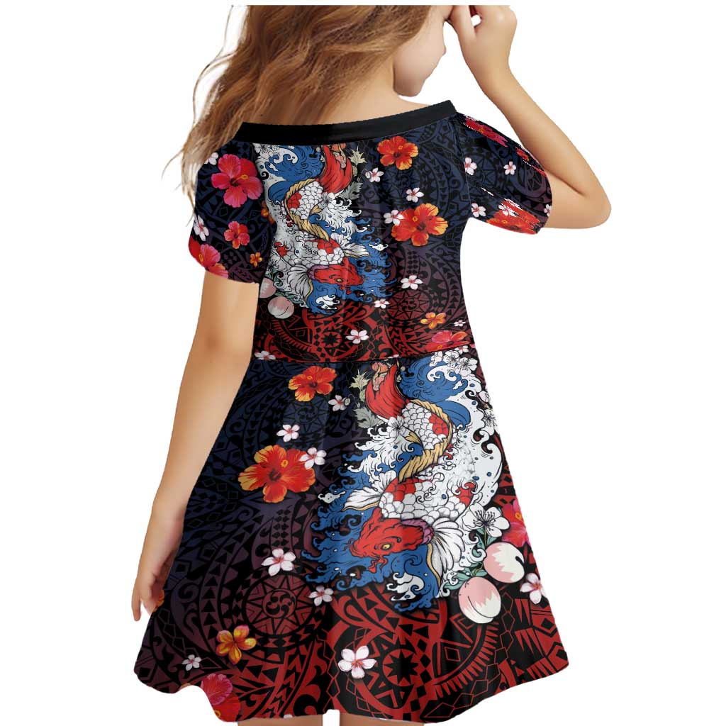 Hawaiian and Japanese Together Family Matching Mermaid Dress and Hawaiian Shirt Hibiscus and Koi Fish Polynesian Pattern Colorful Style