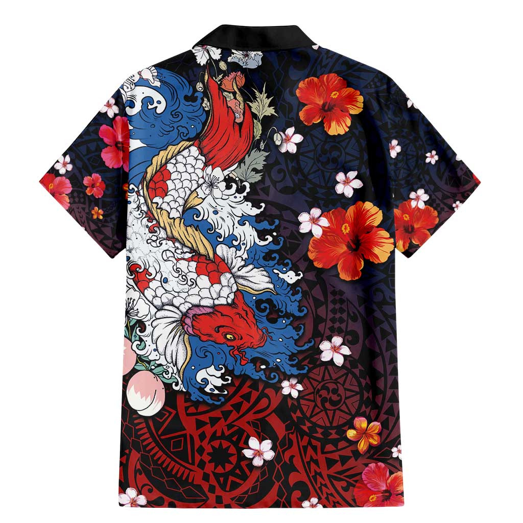 Hawaiian and Japanese Together Family Matching Mermaid Dress and Hawaiian Shirt Hibiscus and Koi Fish Polynesian Pattern Colorful Style